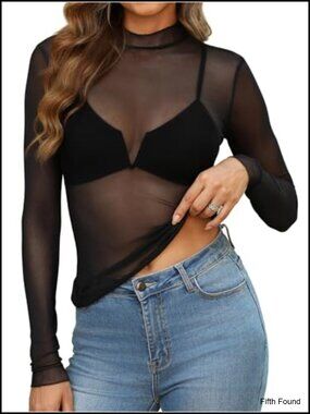 Long Sleeve Mesh Top See Through Mock Neck Sheer Blouse